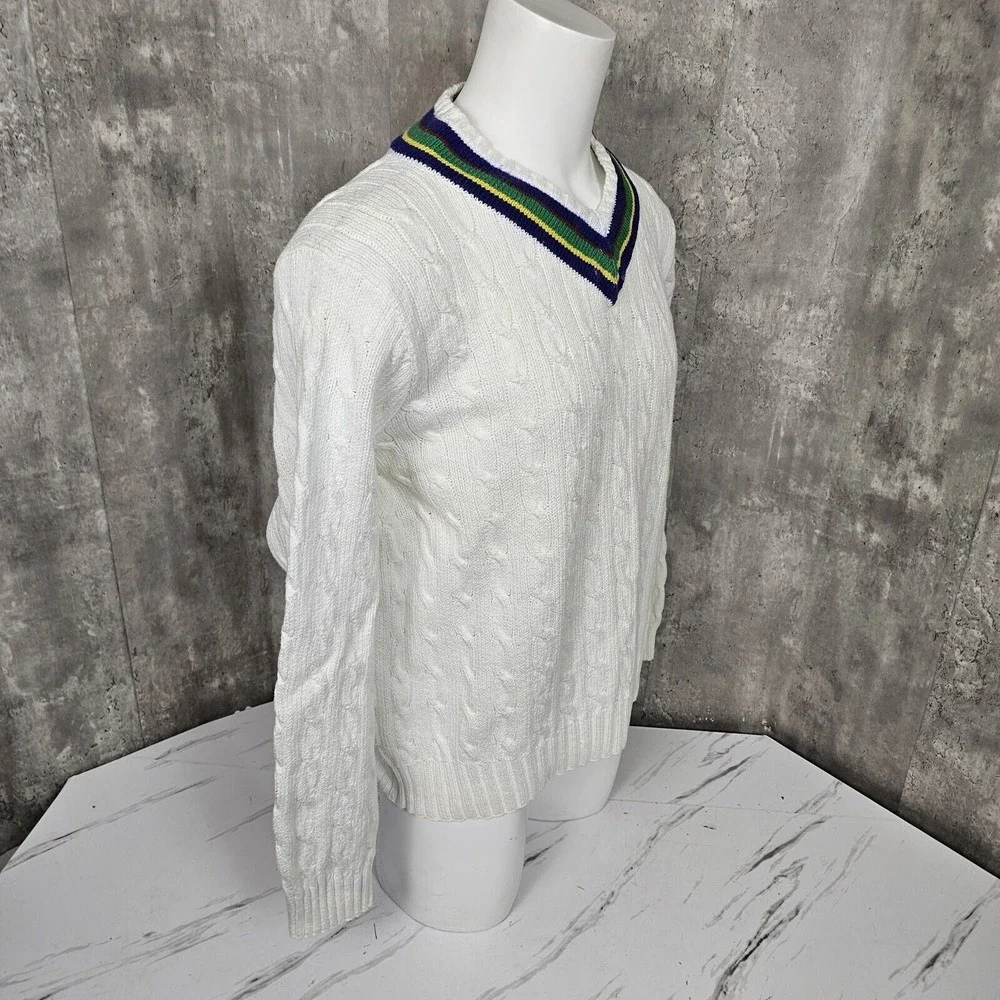 Vintage 90s Polo‎ Ralph Lauren Mens 2XL Vneck White Chunky Knit Cricket Sweater